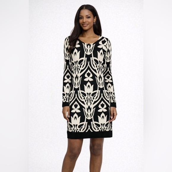 Cache Dresses & Skirts - Cache Black Ivory Print Shift Midi Dress Long Sleeve Size 6